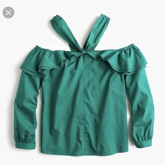 J. Crew Tops - J. CREW Green OFF SHOULDER Ruffle HALTER NECK Tie Top Blouse Size 16 NEW